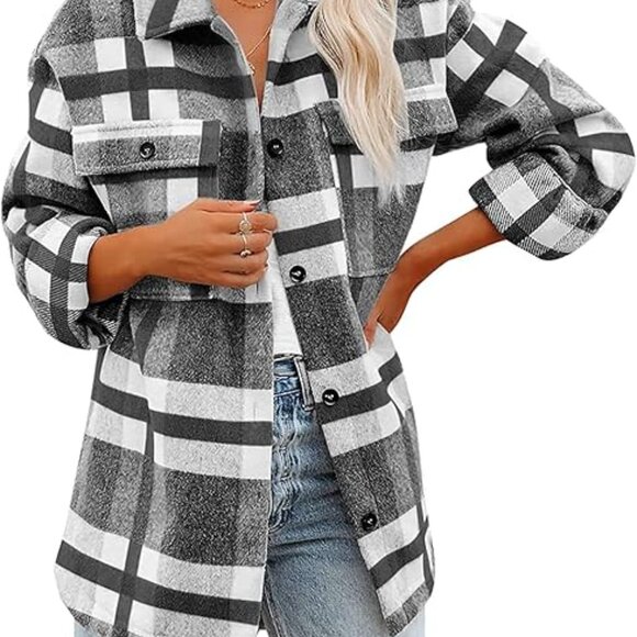 WOMEN OVERSIZED PLAID PATTERN LONG SHACKET GREY - Picture 5 of 7